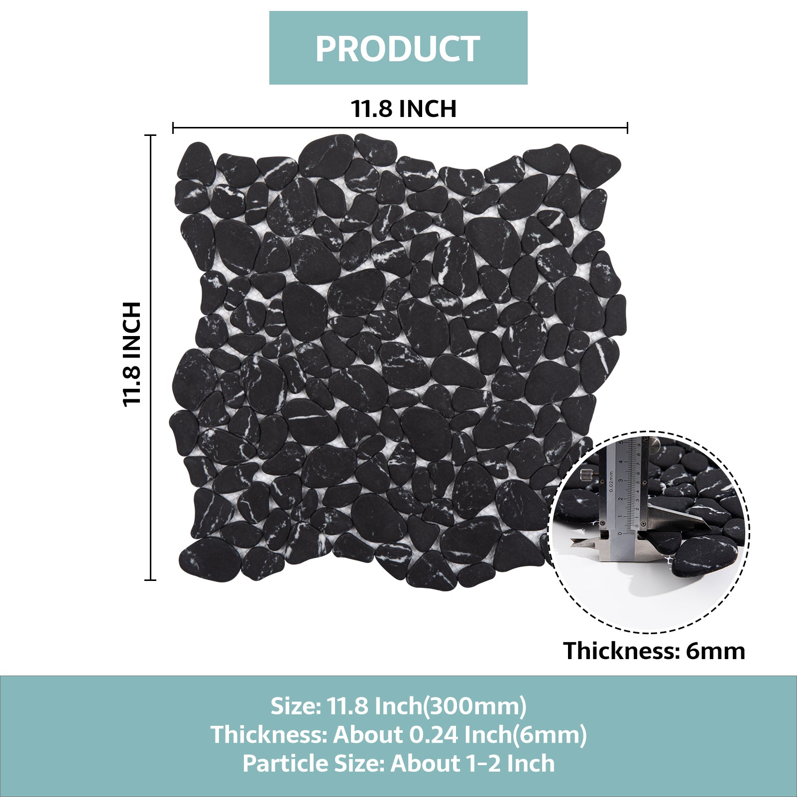 Pebble Tile for Shower Floor, Black Marble Look, Honed, 10 Sheet, PB5