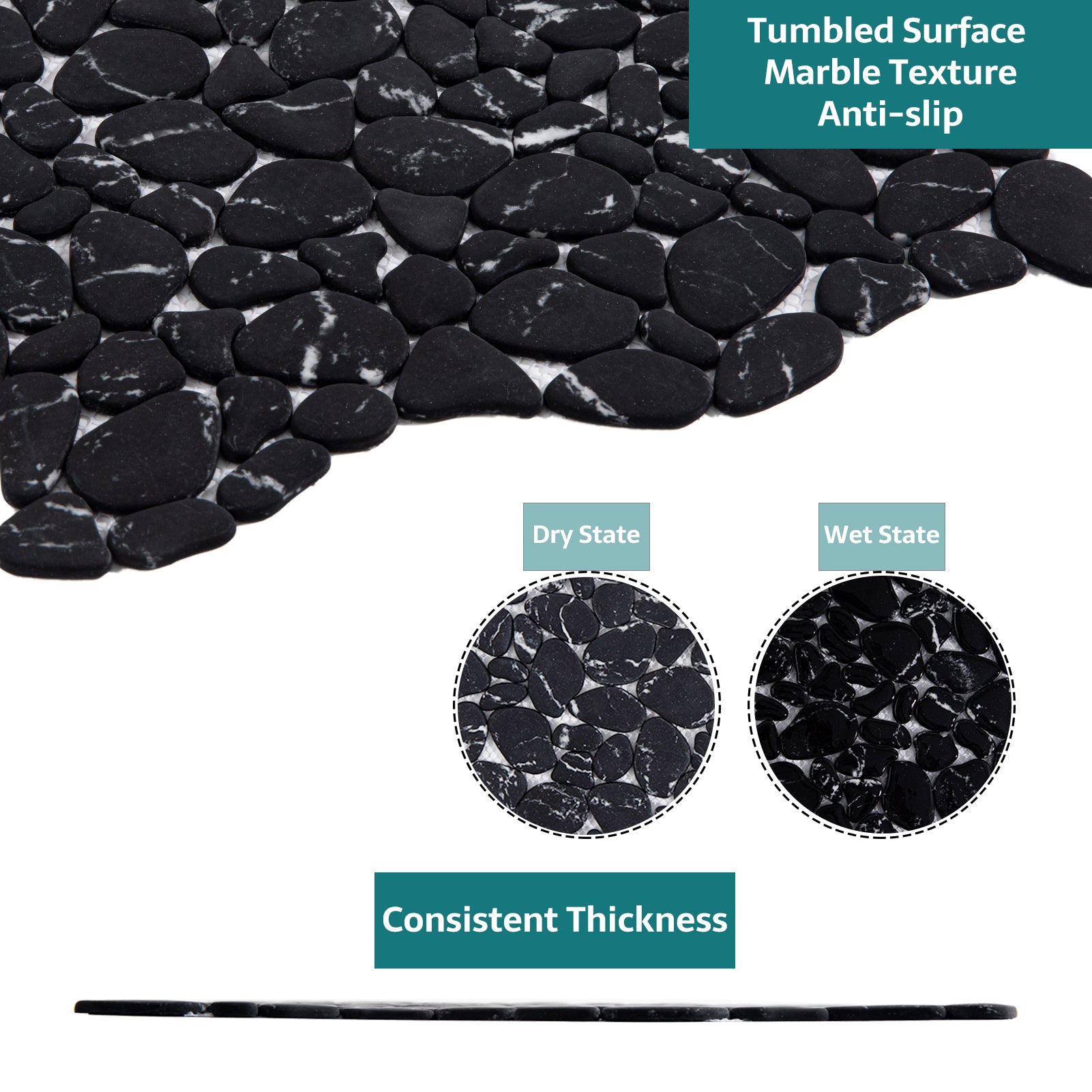 Pebble Tile for Shower Floor, Black Marble Look, Honed, 10 Sheet, PB5