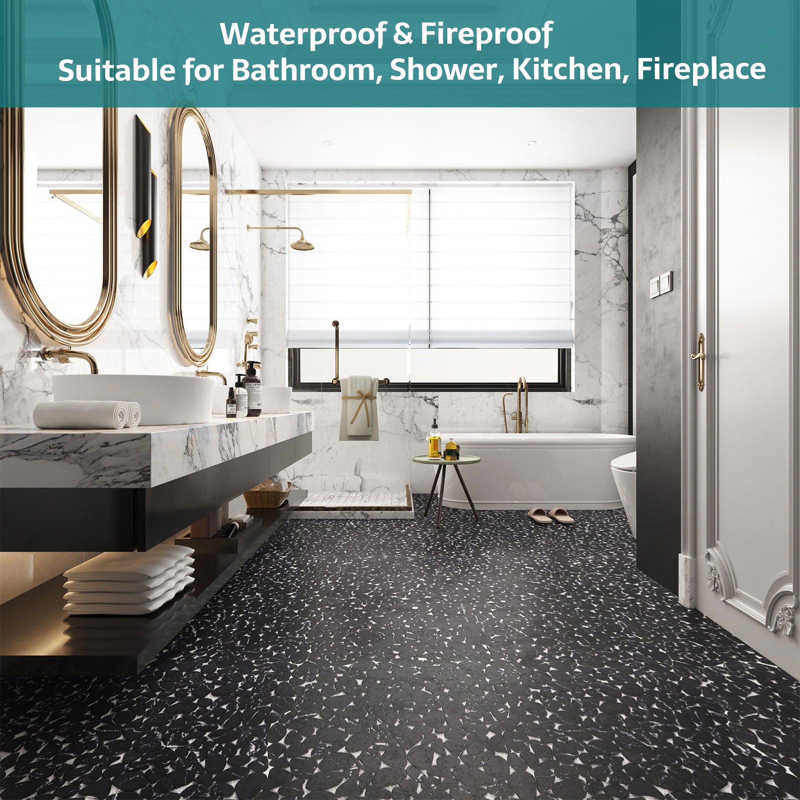 Pebble Tile for Shower Floor, Black Marble Look, Honed, 10 Sheet, PB5