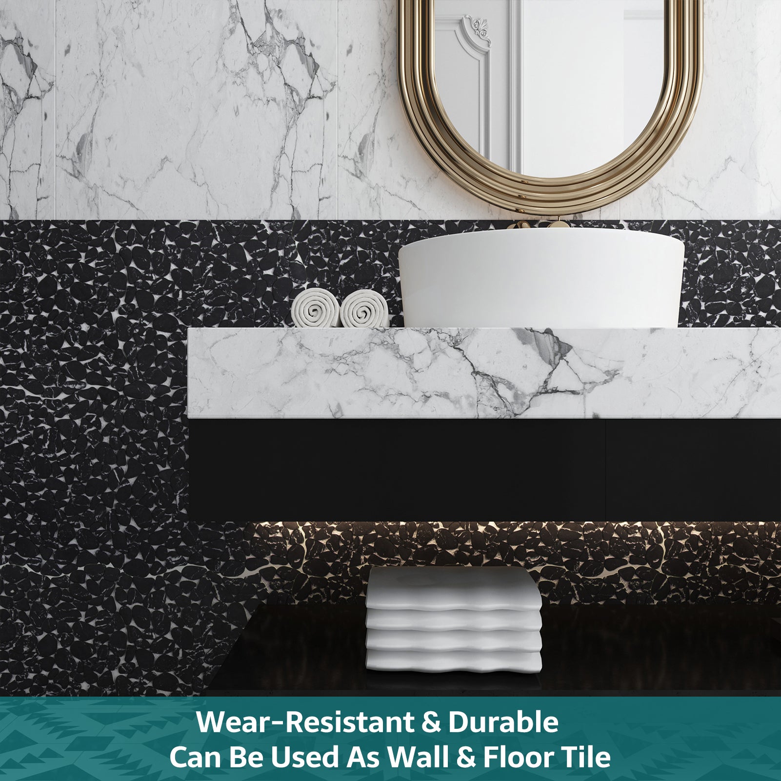 Pebble Tile for Shower Floor, Black Marble Look, Honed, 10 Sheet, PB5