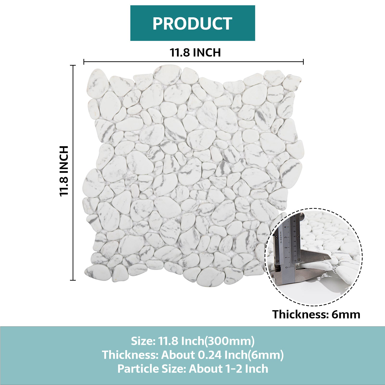 Pebble Tile for Shower Floor, White Marble Look, Honed, 10 Sheet, PB7