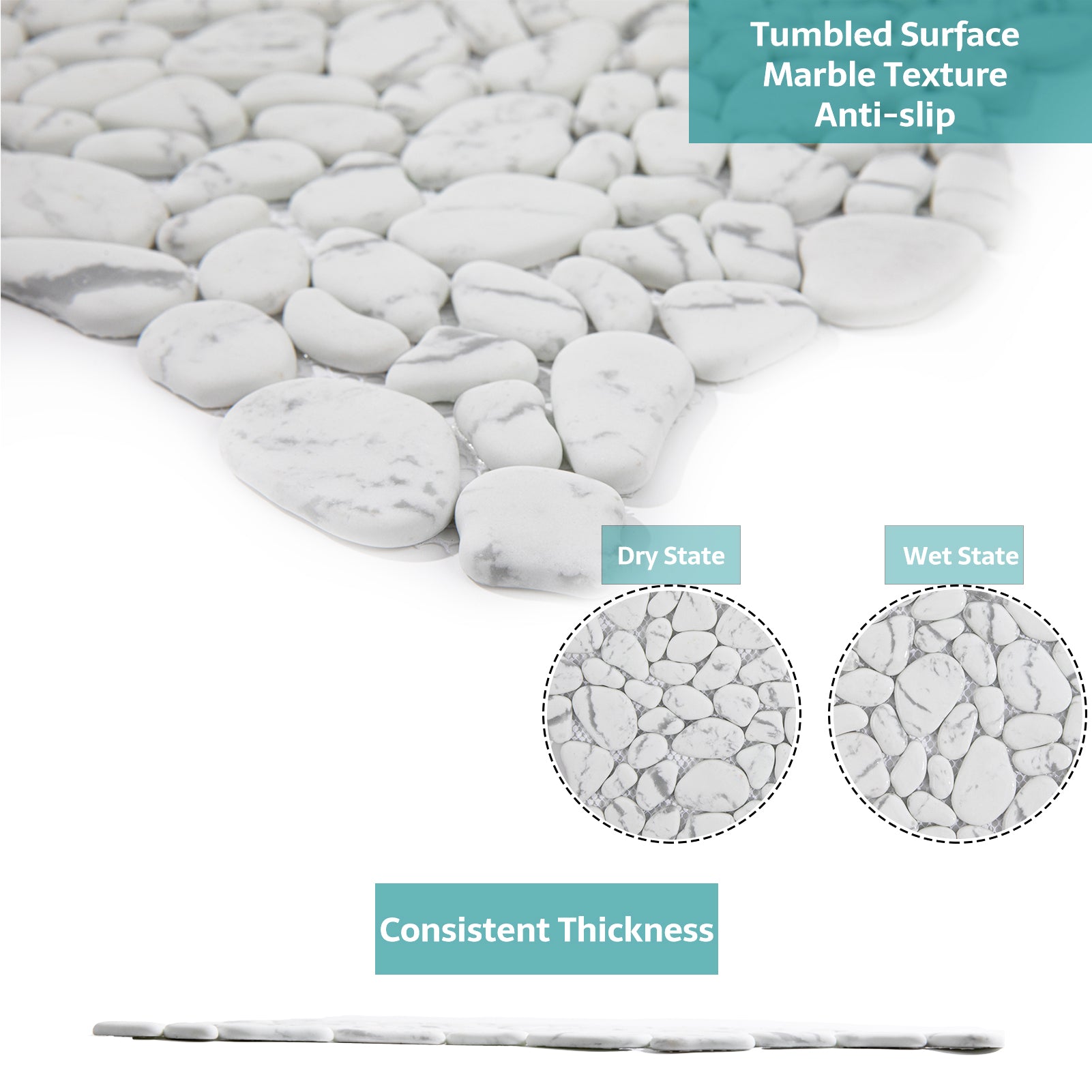 Pebble Tile for Shower Floor, White Marble Look, Honed, 10 Sheet, PB7