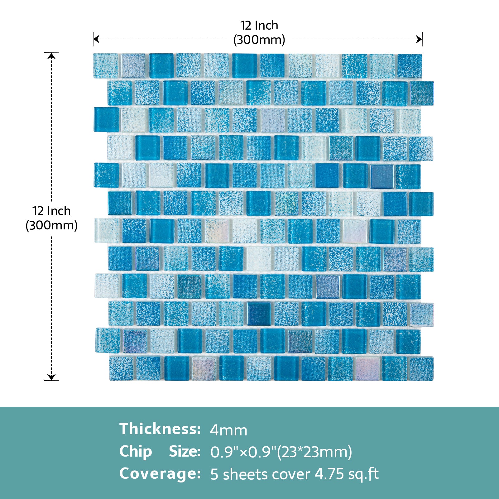 Glass Mosaic Pool Tiles, 1 inch Square, 3D Gradient Light Blue, 5 Sheet, PM10