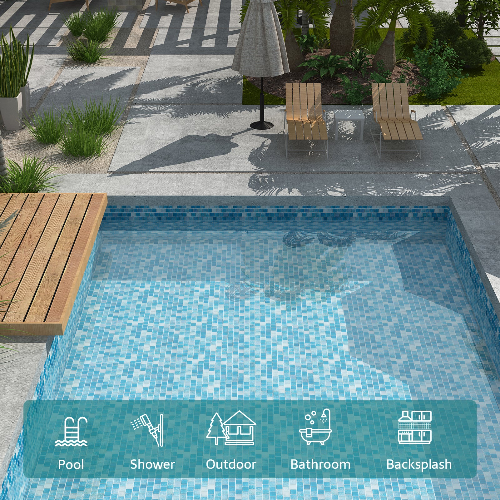 Glass Mosaic Pool Tiles, 1 inch Square, 3D Gradient Light Blue, 5 Sheet, PM10