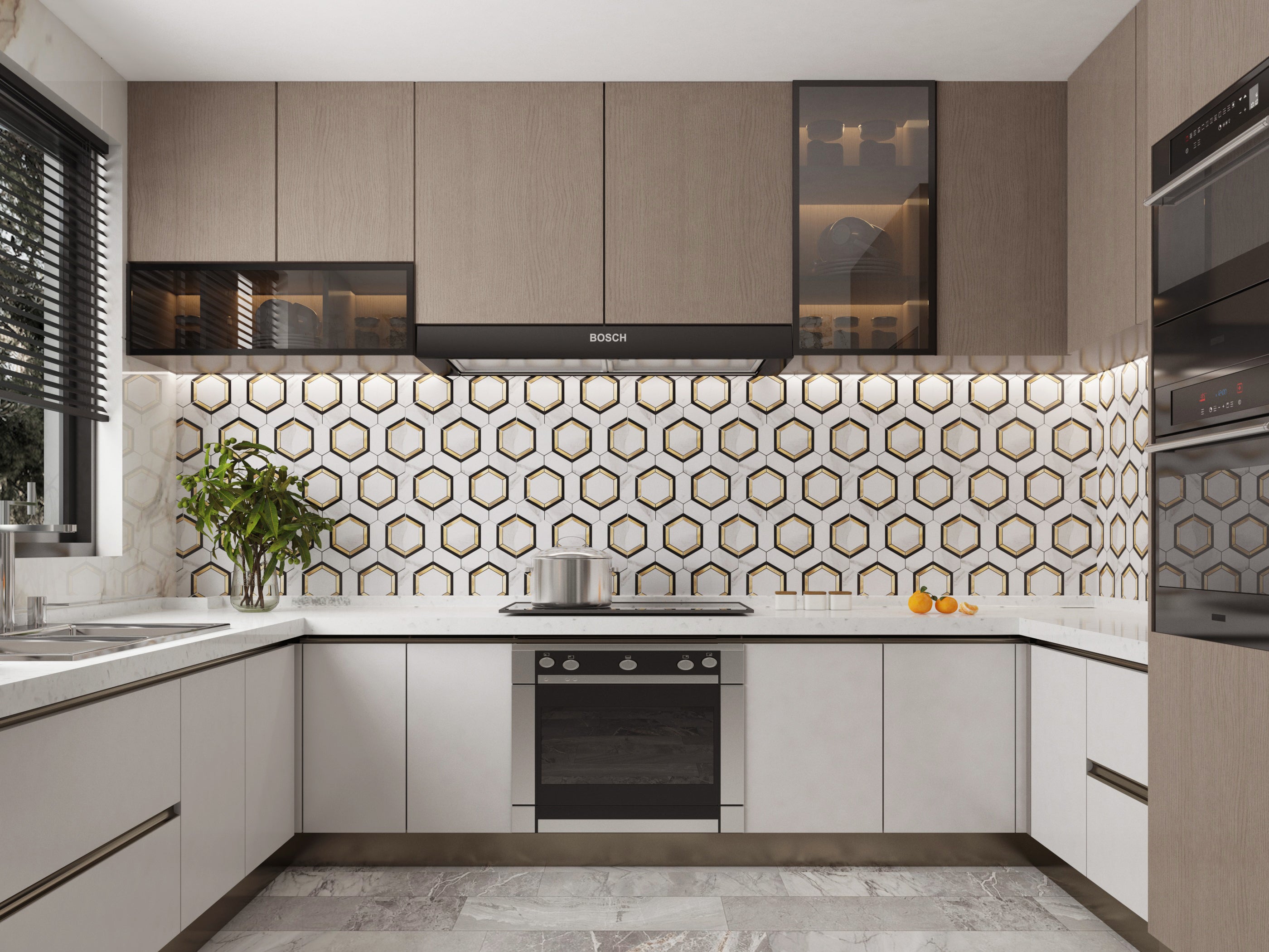 Peel and Stick Backsplash Tile 3'' Hexagon PVC White Marble Stone with Gold Metal Mosaic  10-Sheet