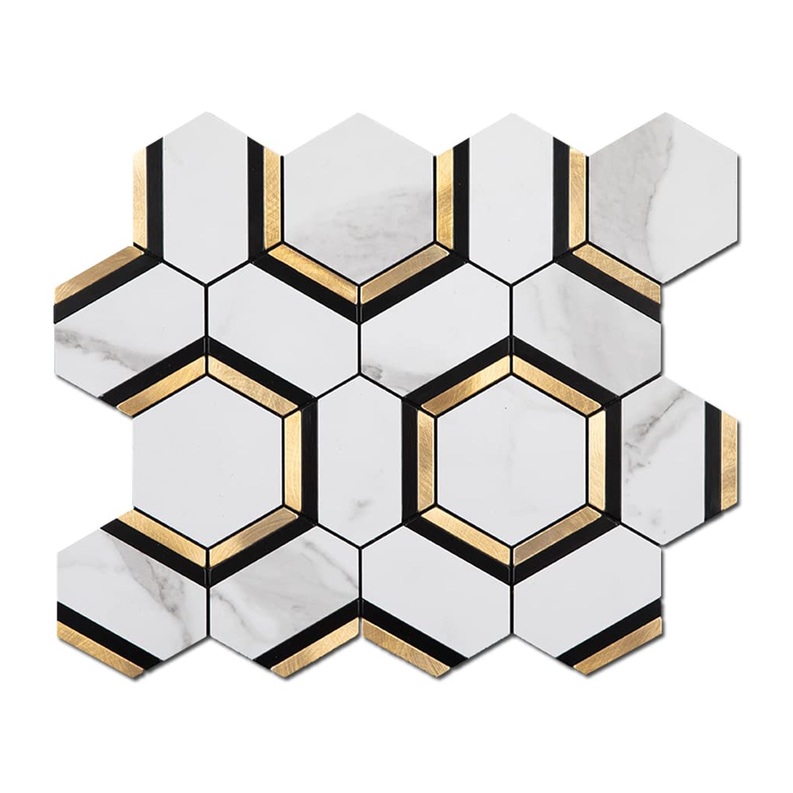 Peel and Stick Backsplash Tile 3'' Hexagon PVC White Marble Stone with Gold Metal Mosaic  10-Sheet