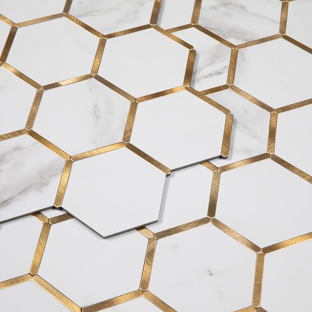 10-SheetS Peel and Stick Backsplash Tile PVC White Marble Stone with Gold Metal 3'' Hexagon