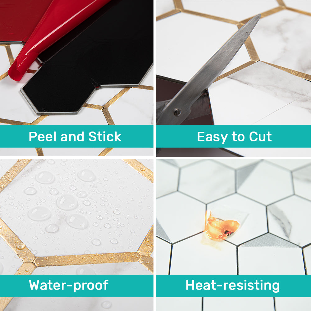 10-SheetS Peel and Stick Backsplash Tile PVC White Marble Stone with Gold Metal 3'' Hexagon
