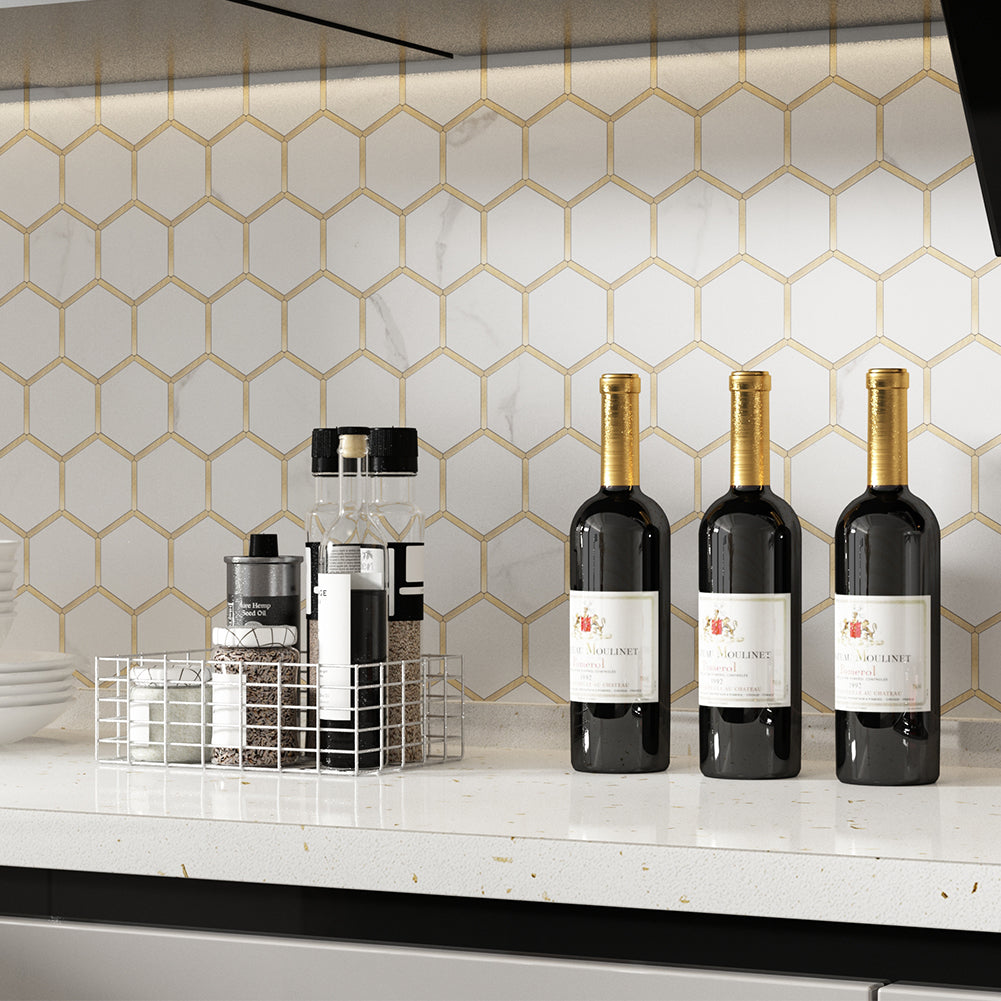 10-SheetS Peel and Stick Backsplash Tile PVC White Marble Stone with Gold Metal 3'' Hexagon