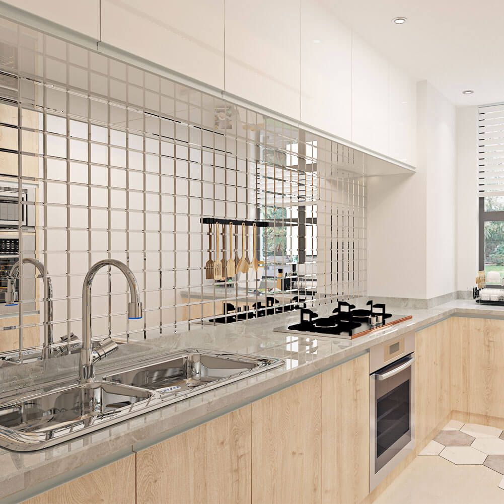 Mirror Glass Tile, Silver Square with Beveled Edge, 3*3 inch, BL0005