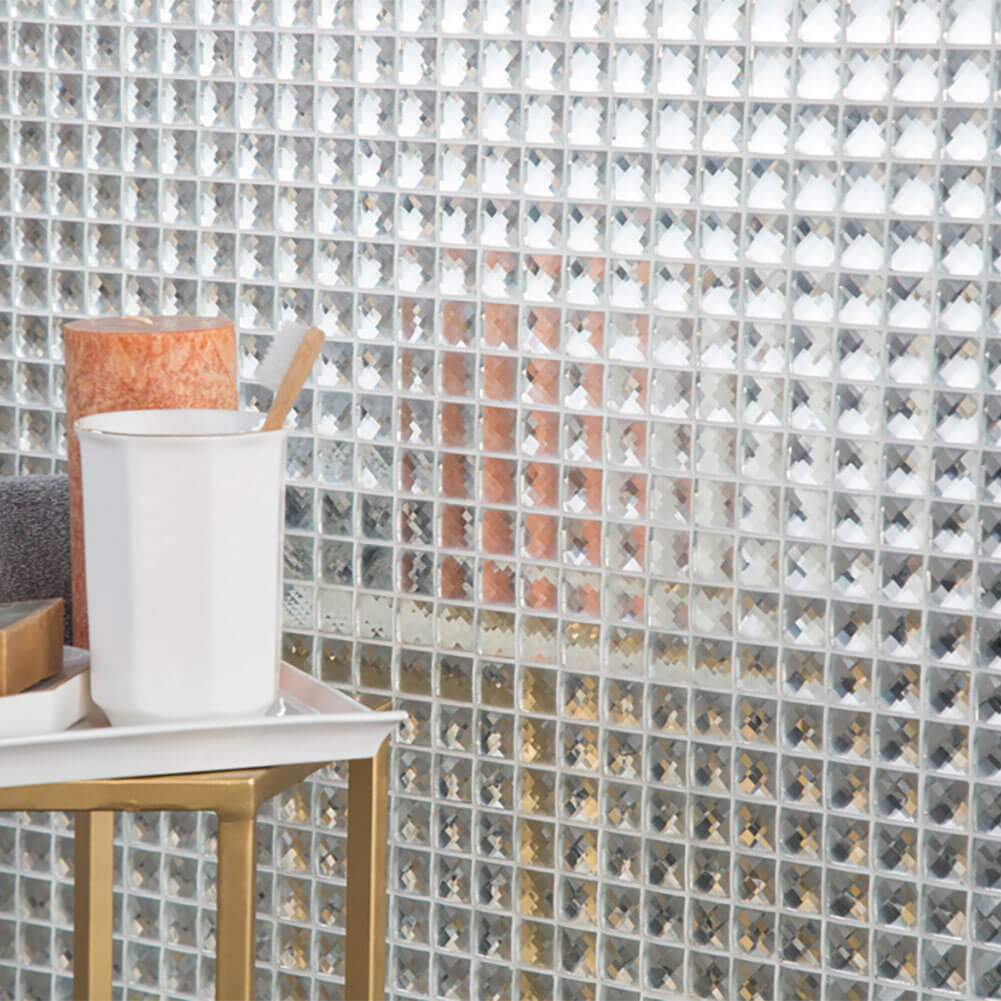 Beveled Crystal Square Mirror Glass Mosaic Tile Silver 12 x 12 Inch (5-Pack)