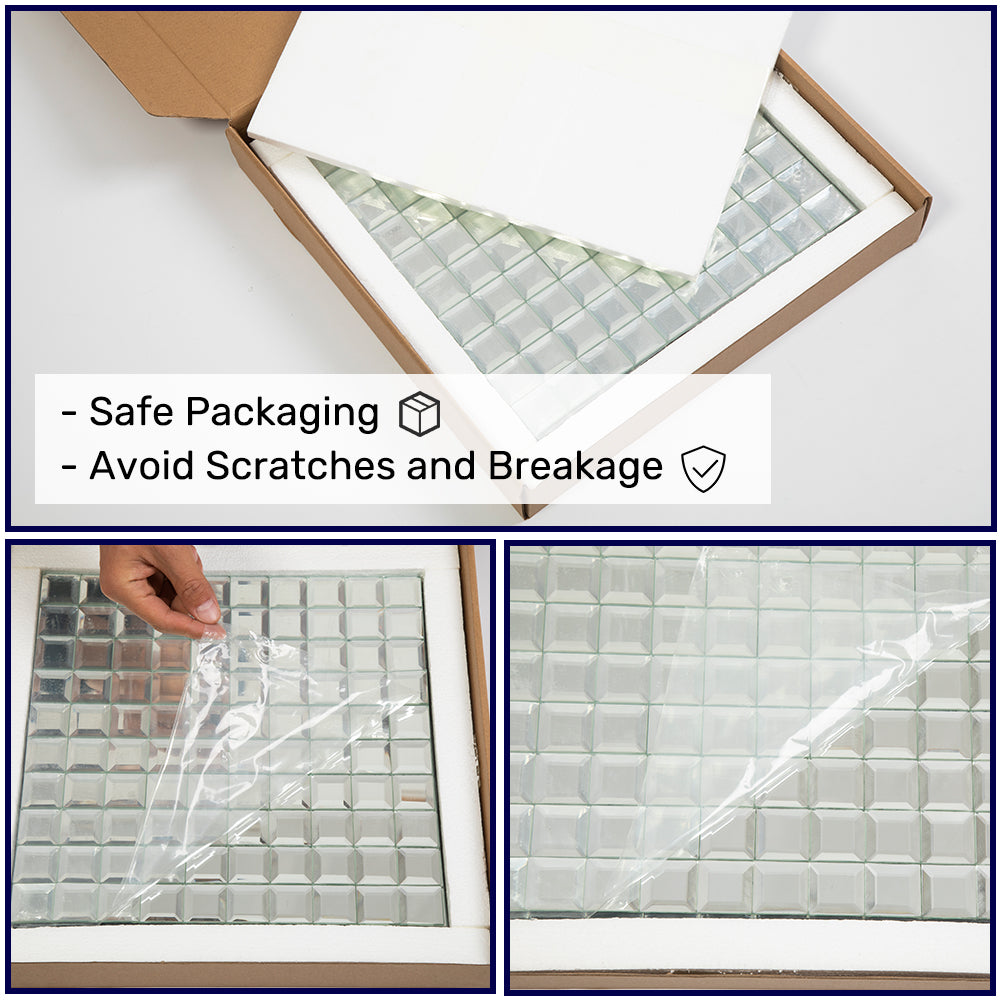 Beveled Square Mirror Glass Mosaic Tile Silver 12 x 12 Inch (5-Pack,No grout required)