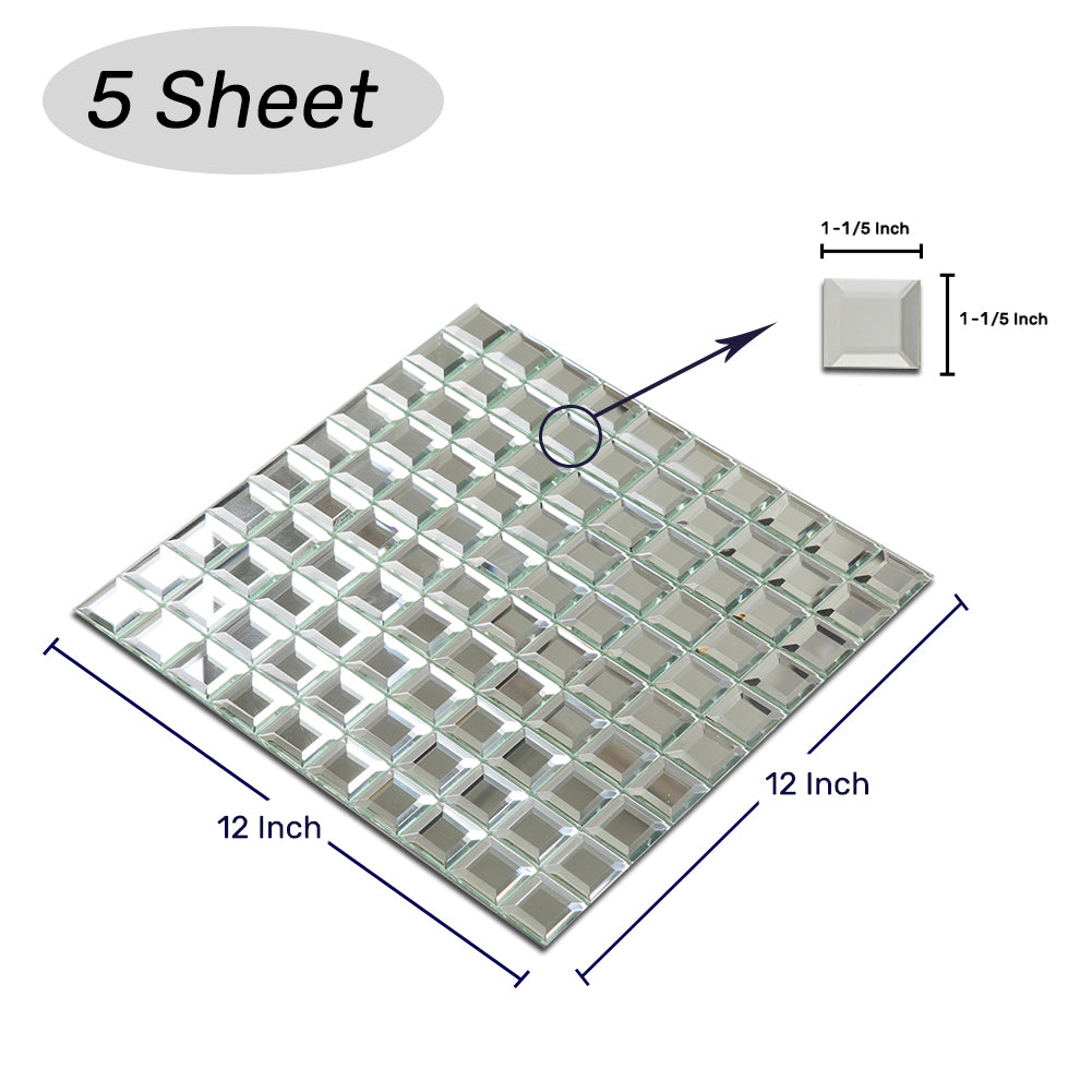 Beveled Square Mirror Glass Mosaic Tile Silver 12 x 12 Inch (5-Pack,No grout required)