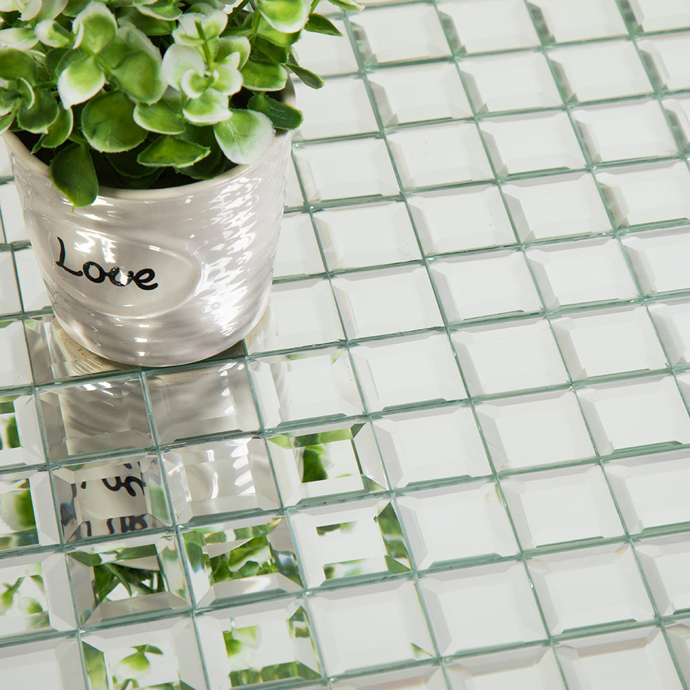 Beveled Square Mirror Glass Mosaic Tile Silver 12 x 12 Inch (5-Pack,No grout required)