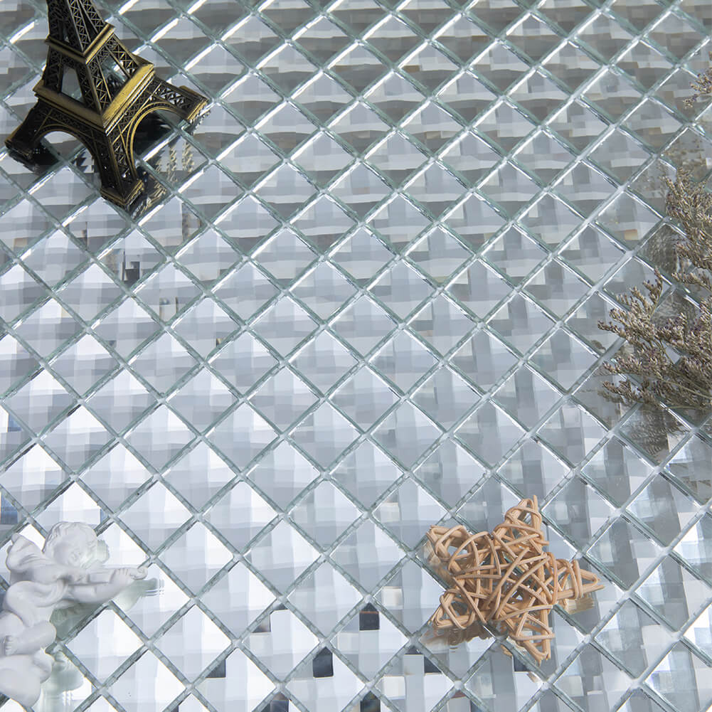 Diamond Beveled Crystal Square Mirror Glass Mosaic Tile Silver 12 x 12 Inch (5-Pack)