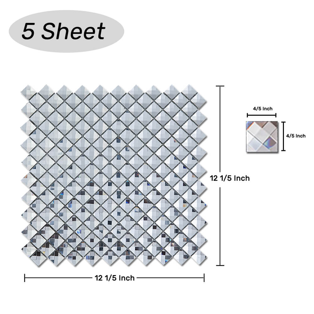 Diamond Beveled Crystal Square Mirror Glass Mosaic Tile Silver 12 x 12 Inch (5-Pack)