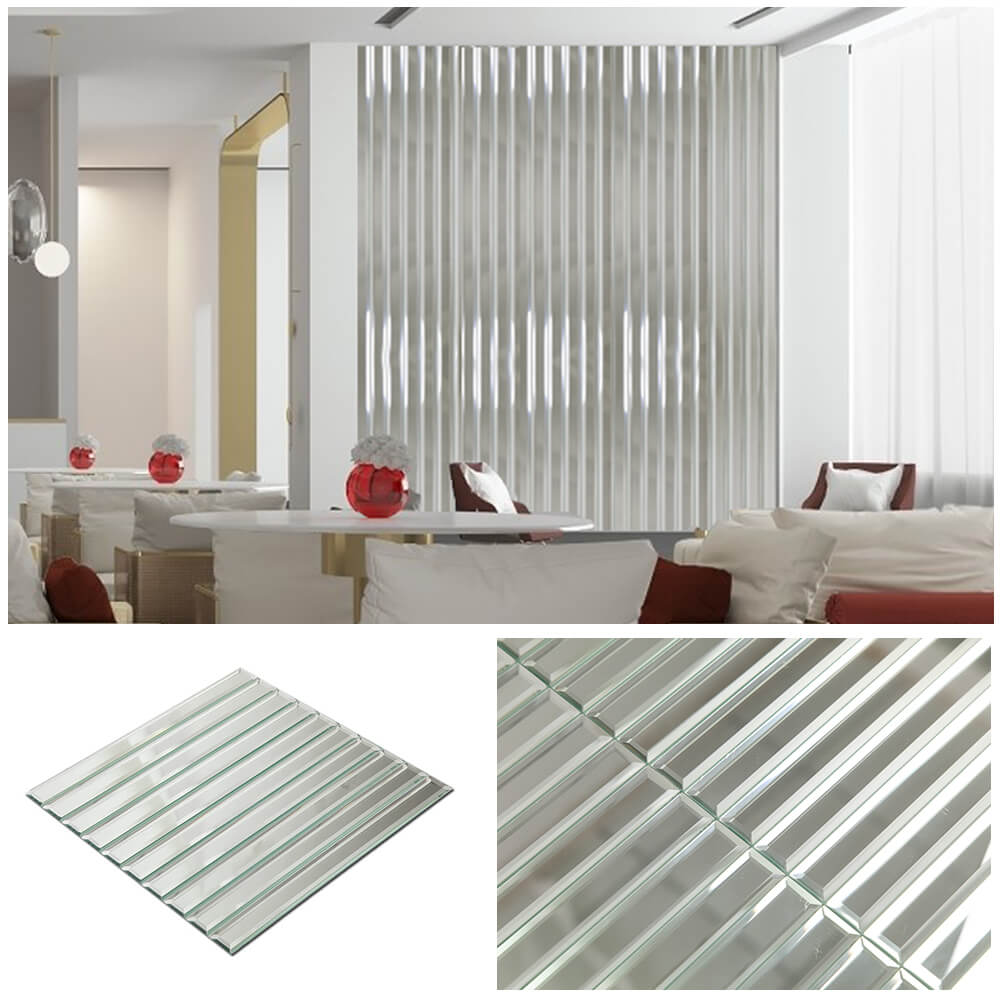 Mirror Strip Glass Tile with Beveled Edge, Silver, 12*12 inch, Mesh Backing, DM0029S