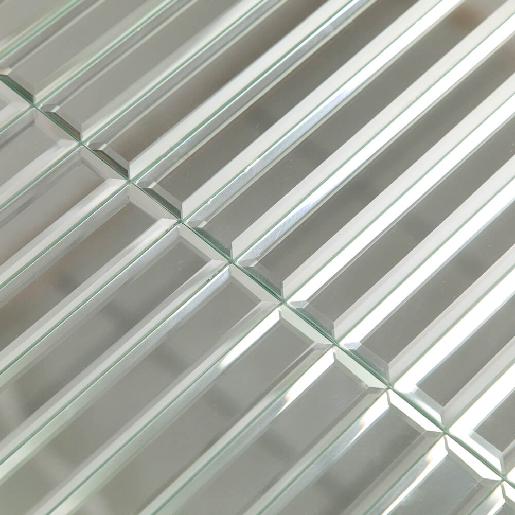 Mirror Strip Glass Tile with Beveled Edge, Silver, 12*12 inch, Mesh Backing, DM0029S