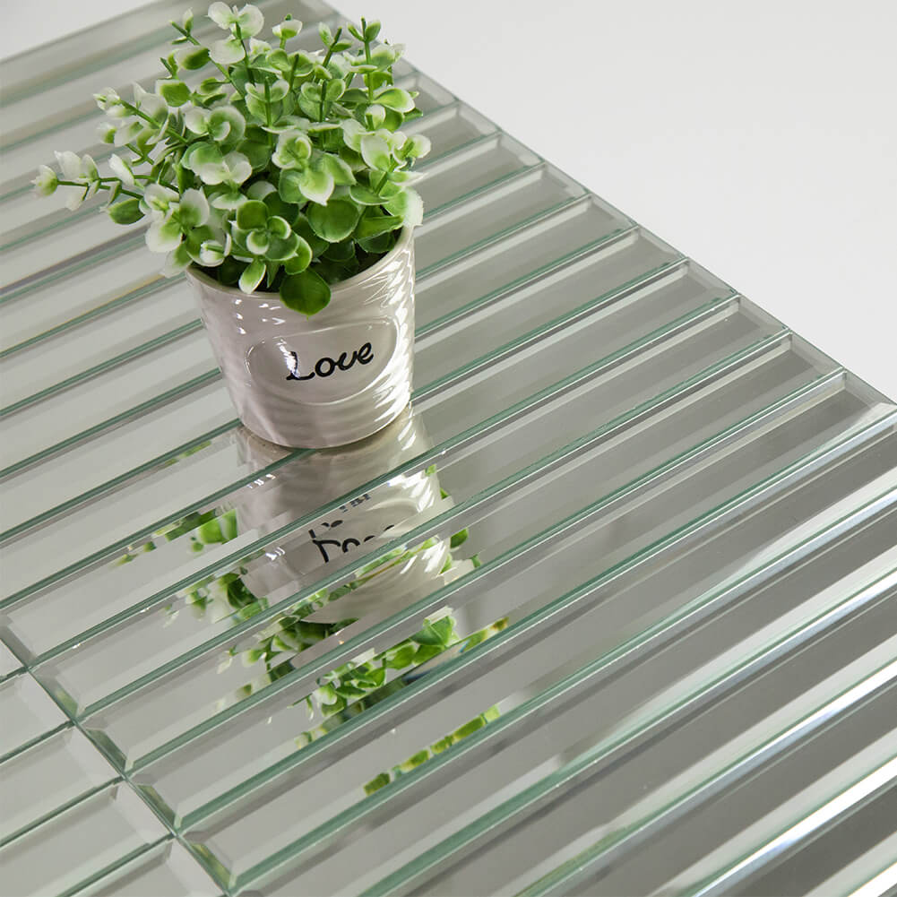 Mirror Strip Glass Tile with Beveled Edge, Silver, 12*12 inch, Mesh Backing, DM0029S