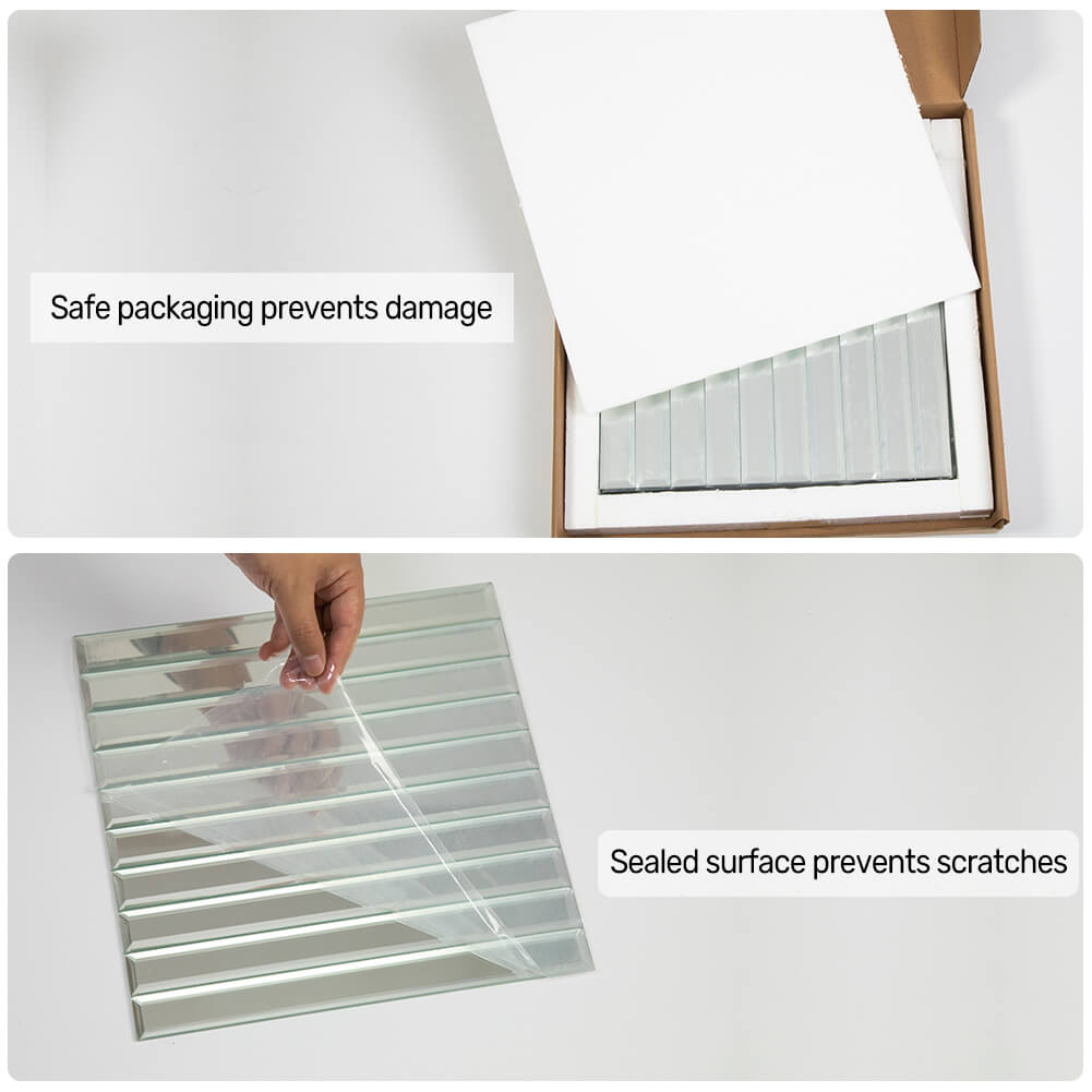 Mirror Strip Glass Tile with Beveled Edge, Silver, 12*12 inch, Mesh Backing, DM0029S