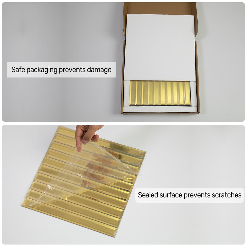 Gold Mirror Strip Glass Tile with Beveled Edge, 12*12 inch, Mesh Backing, DM0030S