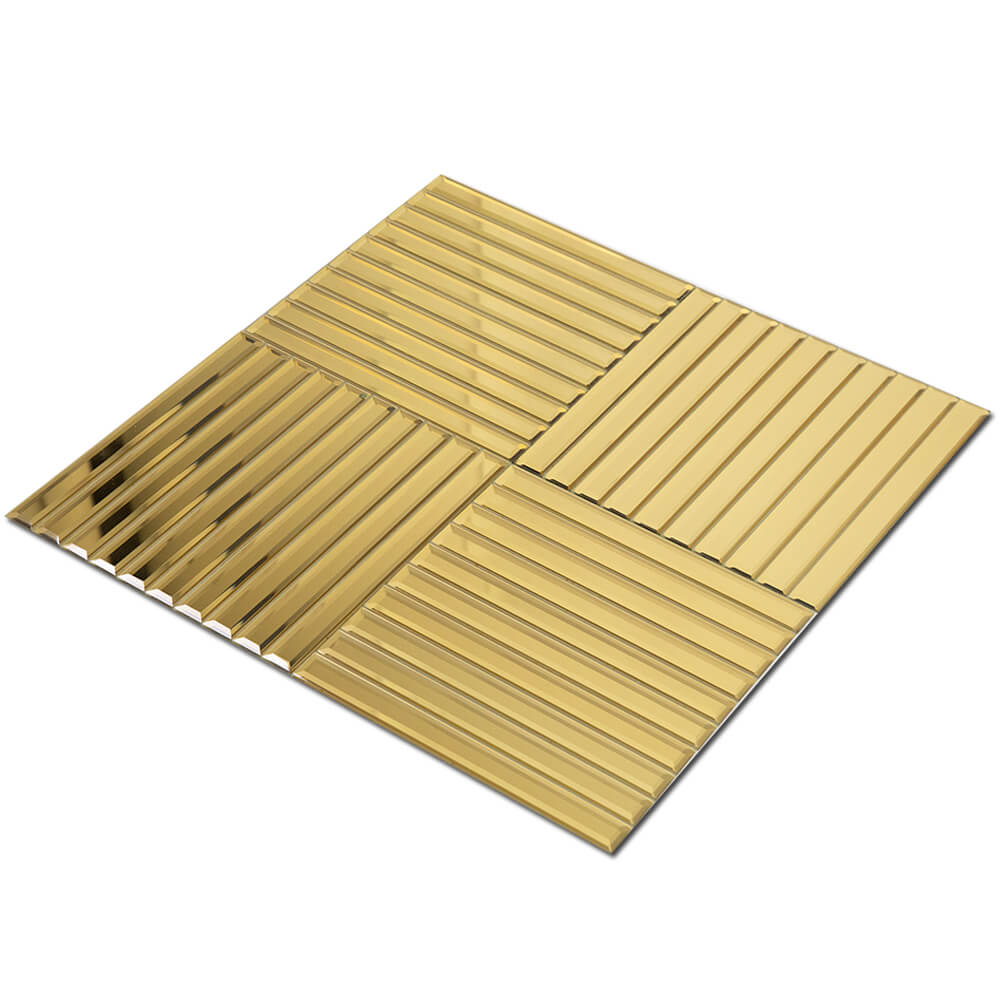 Gold Mirror Strip Glass Tile with Beveled Edge, 12*12 inch, Mesh Backing, DM0030S