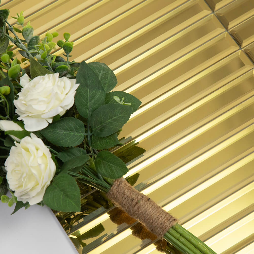 Gold Mirror Strip Glass Tile with Beveled Edge, 12*12 inch, Mesh Backing, DM0030S