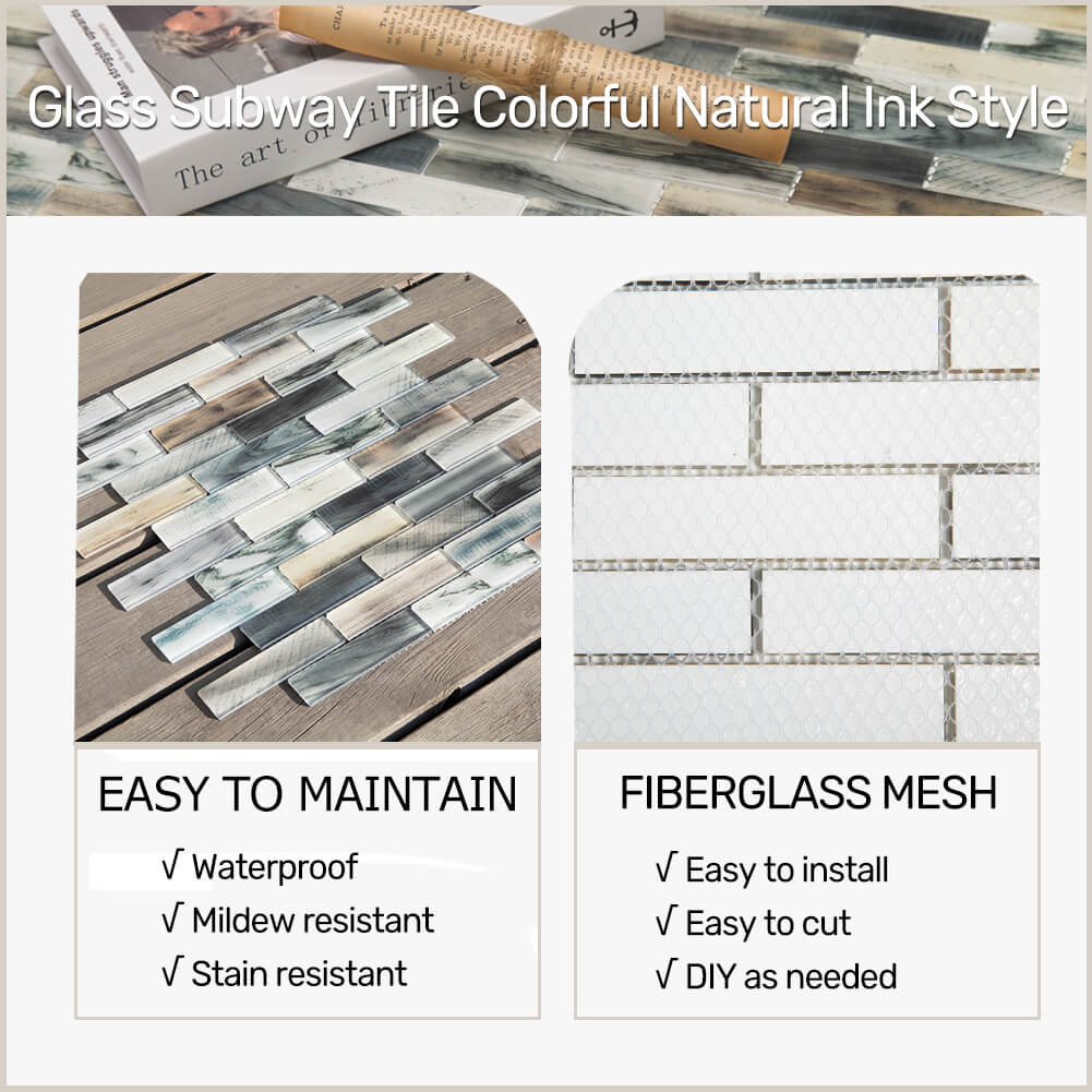 Colorful Natural Ink Style 12 x 12 Inch Glass Subway Tile  (5 Pcs/Box, 5 sq.ft.)