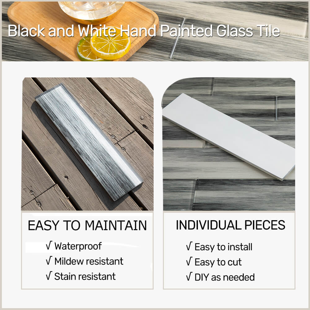 Black and White Hand Painted 3" x 12" Glass Subway Tile  20 Pcs 5 sq.ft.