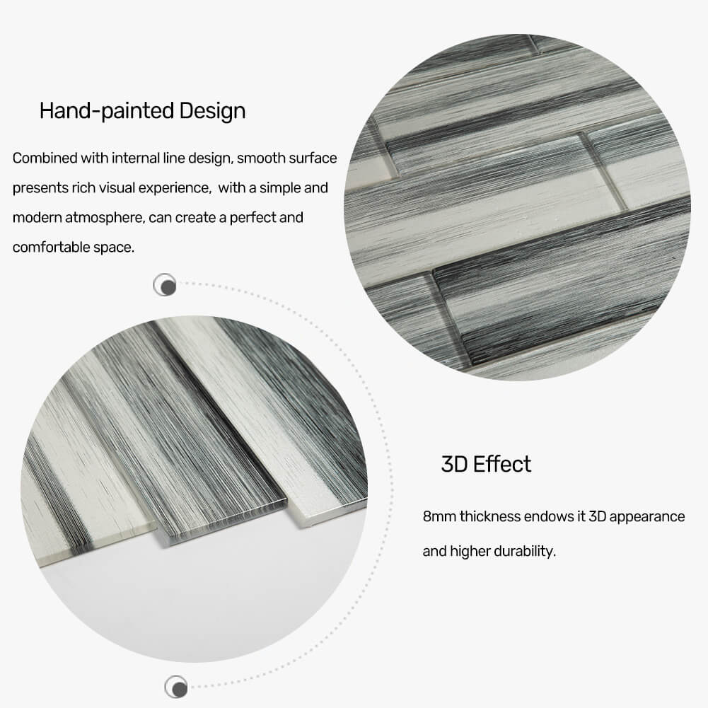 Black and White Hand Painted 3" x 12" Glass Subway Tile  20 Pcs 5 sq.ft.