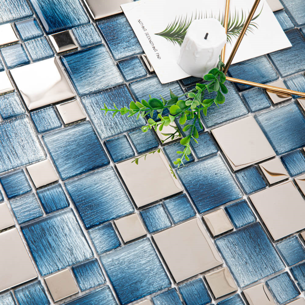 Glass Mosaic Tile Backsplash 11.7 x 11.7 Inch Blue Square(5 Pcs/Box, 4.75 sq.ft.)