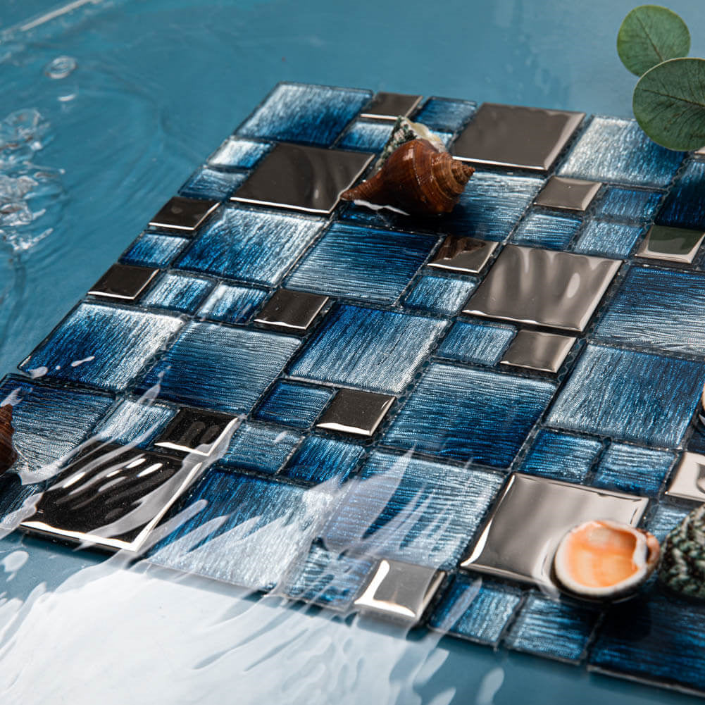 Glass Mosaic Tile Backsplash 11.7 x 11.7 Inch Blue Square(5 Pcs/Box, 4.75 sq.ft.)