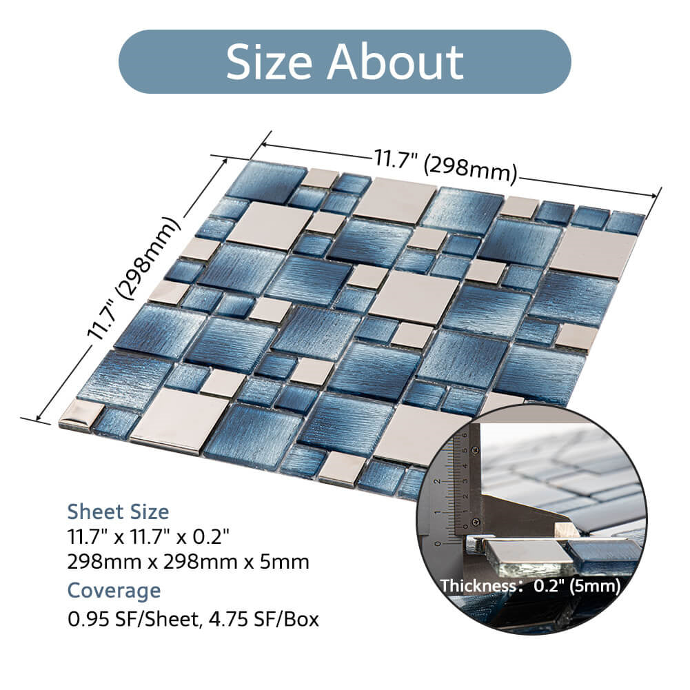Glass Mosaic Tile Backsplash 11.7 x 11.7 Inch Blue Square(5 Pcs/Box, 4.75 sq.ft.)