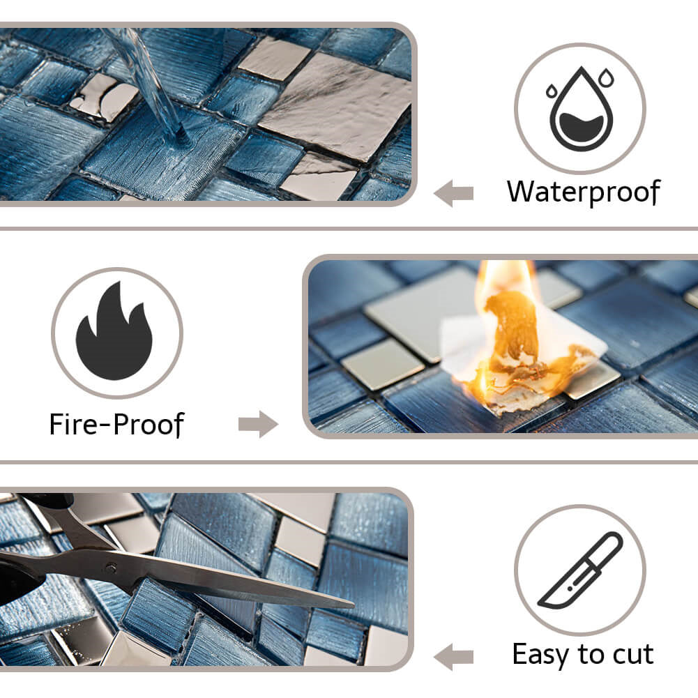 Glass Mosaic Tile Backsplash 11.7 x 11.7 Inch Blue Square(5 Pcs/Box, 4.75 sq.ft.)