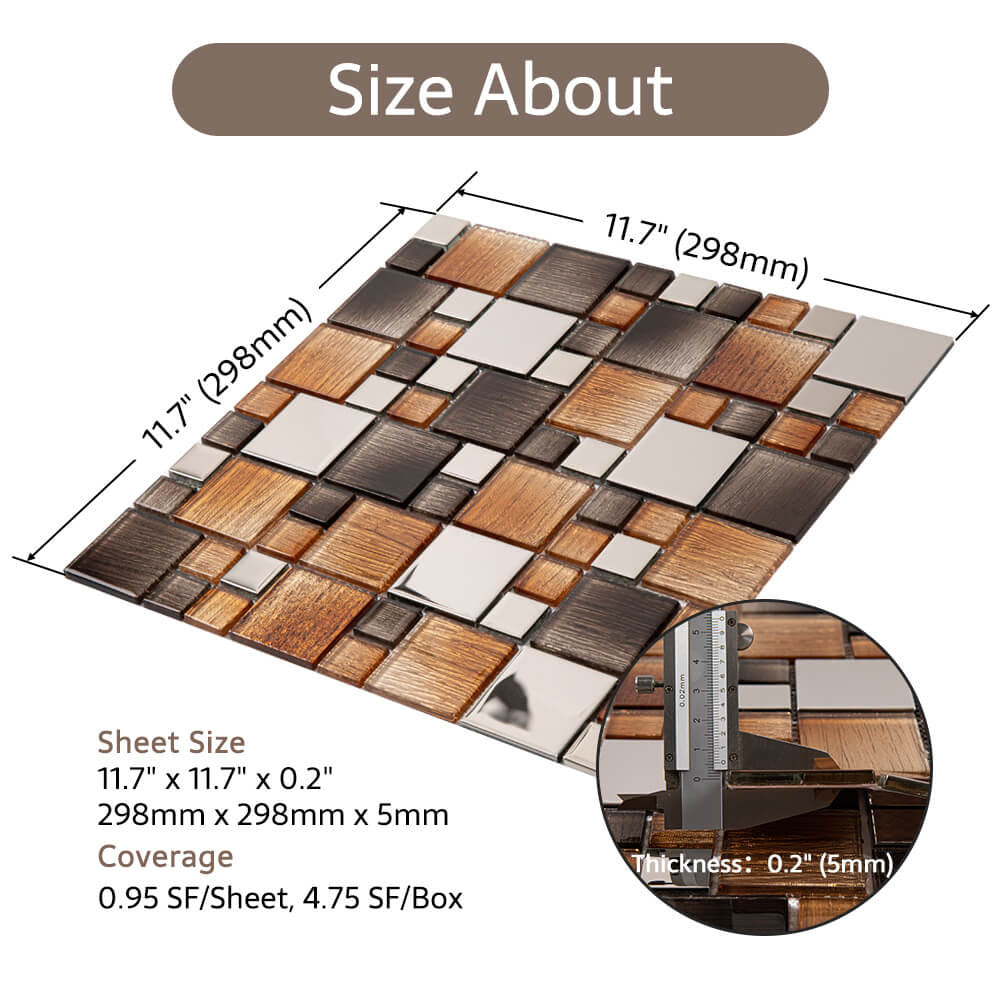 Glass Mosaic Tile Backsplash 11.7 x 11.7 Inch Brown Square(5 Pcs/Box, 4.75 sq.ft.)