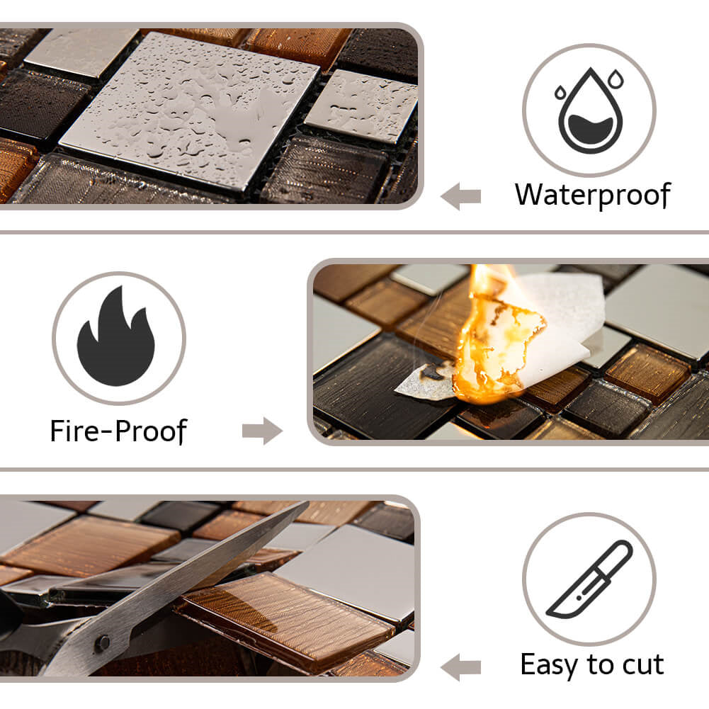 Glass Mosaic Tile Backsplash 11.7 x 11.7 Inch Brown Square(5 Pcs/Box, 4.75 sq.ft.)