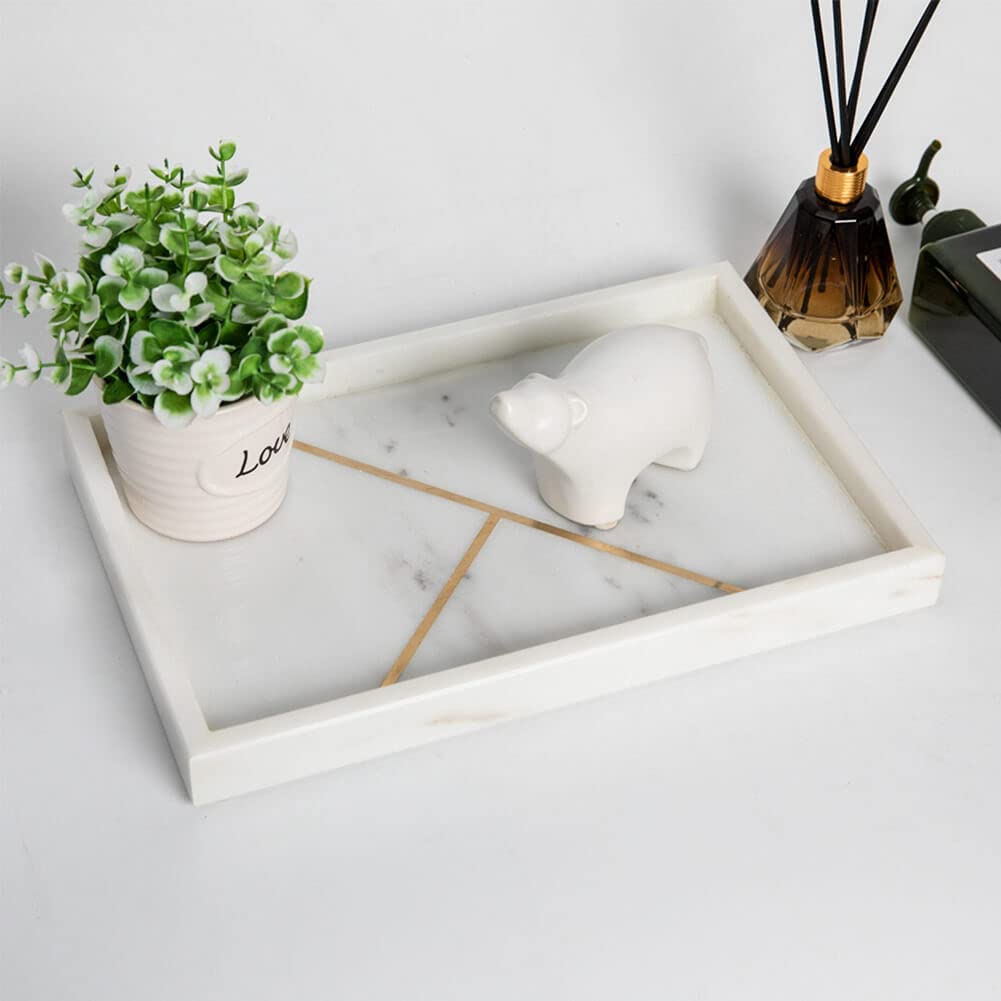 White Marble Tray with Gold Metal 12 x 8 Inch