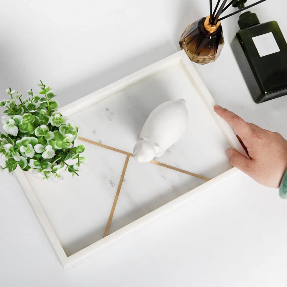 White Marble Tray with Gold Metal 12 x 8 Inch