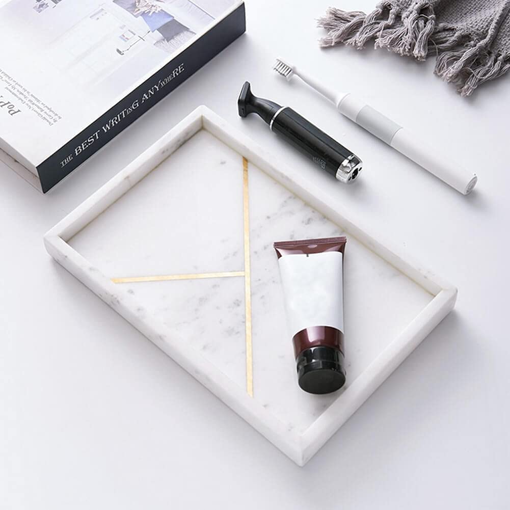 White Marble Tray with Gold Metal 12 x 8 Inch