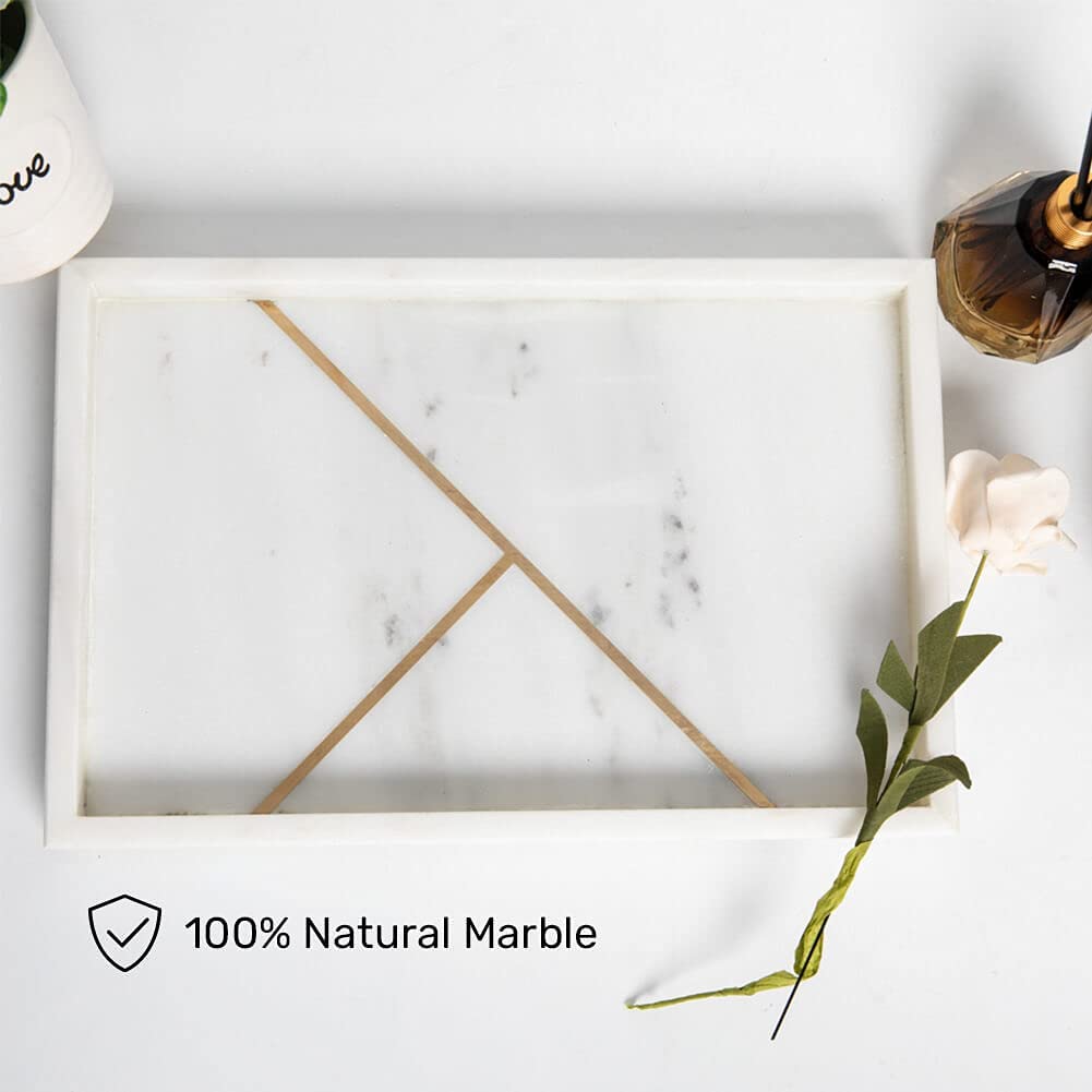 White Marble Tray with Gold Metal 12 x 8 Inch