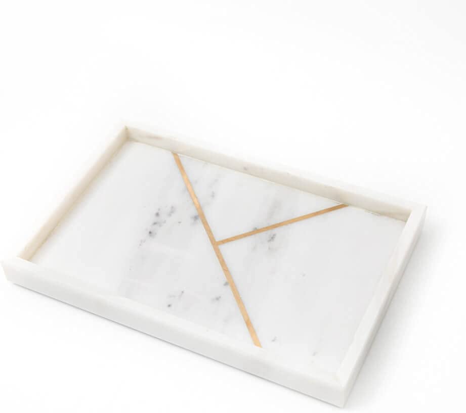 White Marble Tray with Gold Metal 12 x 8 Inch