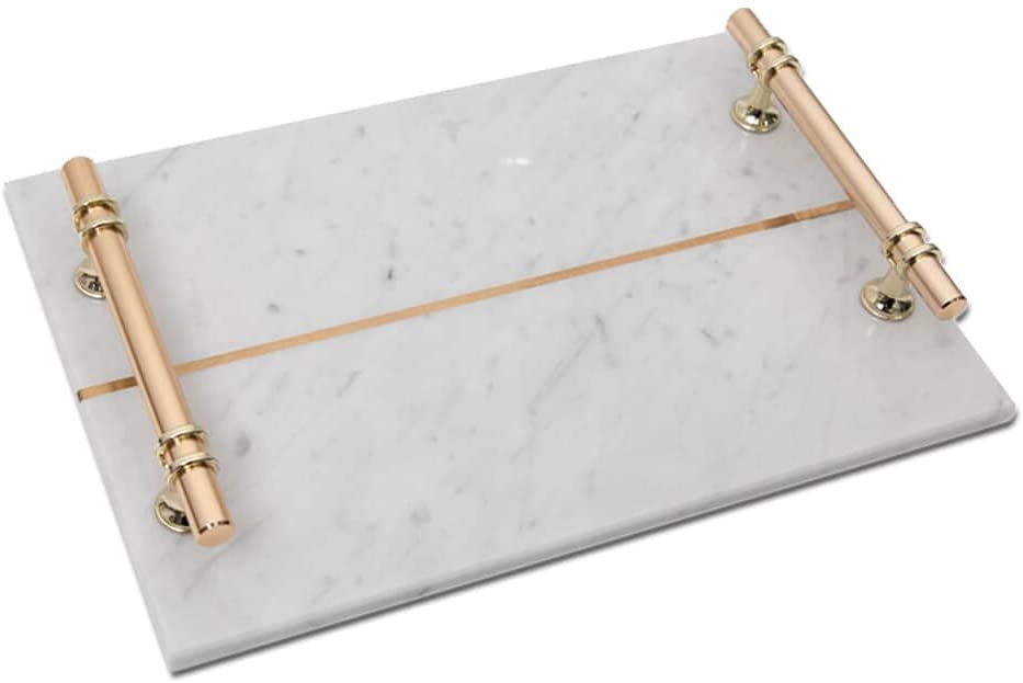 White Marble Tray with Gold Metal Handles 12 x 8 Inch
