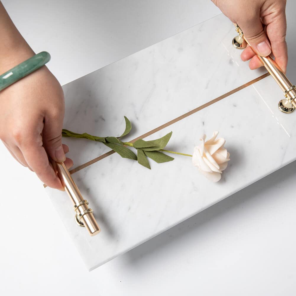 White Marble Tray with Gold Metal Handles 12 x 8 Inch