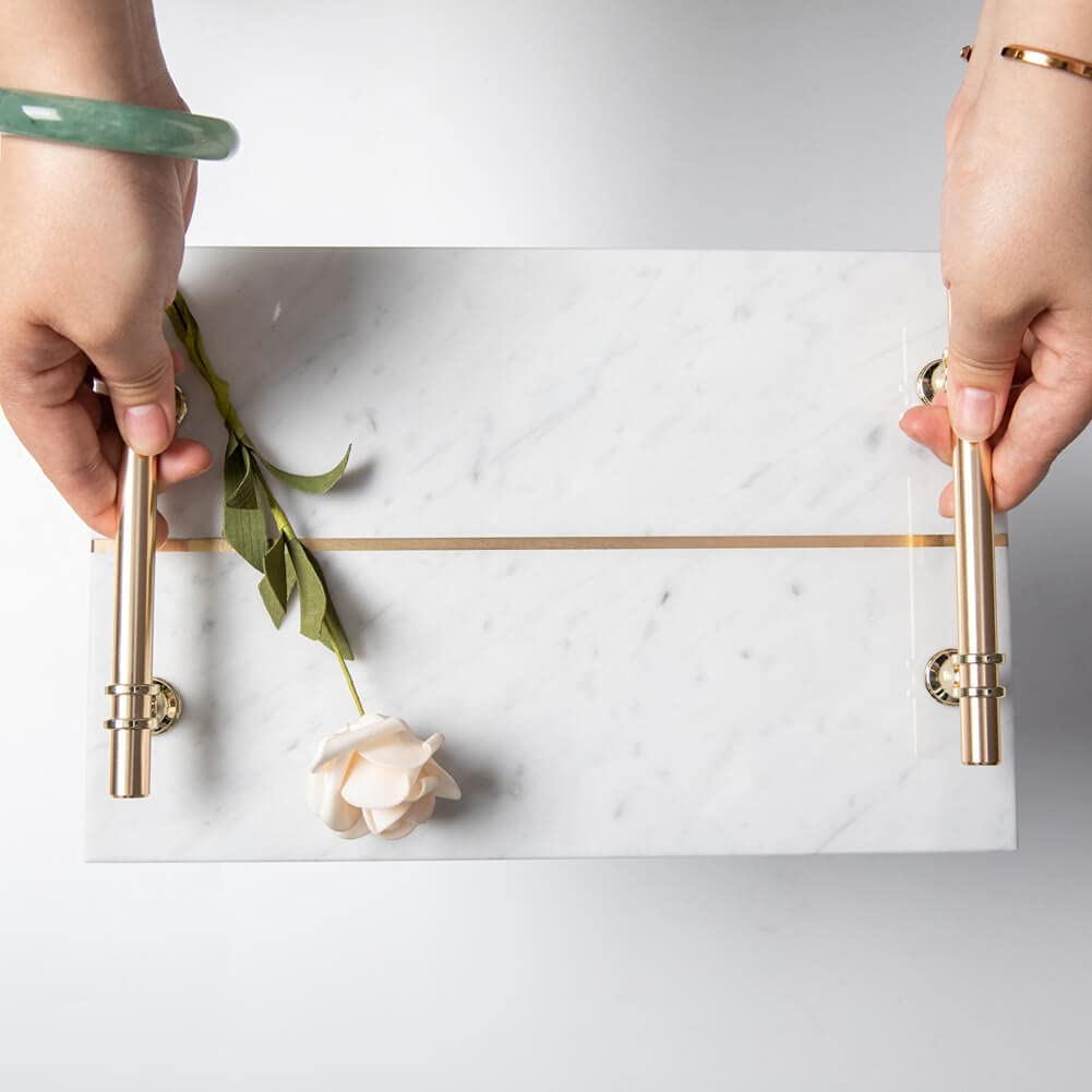 White Marble Tray with Gold Metal Handles 12 x 8 Inch