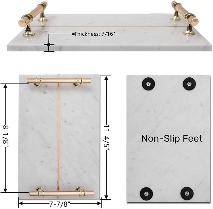 White Marble Tray with Gold Metal Handles 12 x 8 Inch