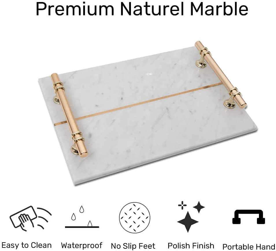 White Marble Tray with Gold Metal Handles 12 x 8 Inch