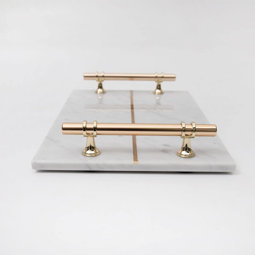 White Marble Tray with Gold Metal Handles 12 x 8 Inch