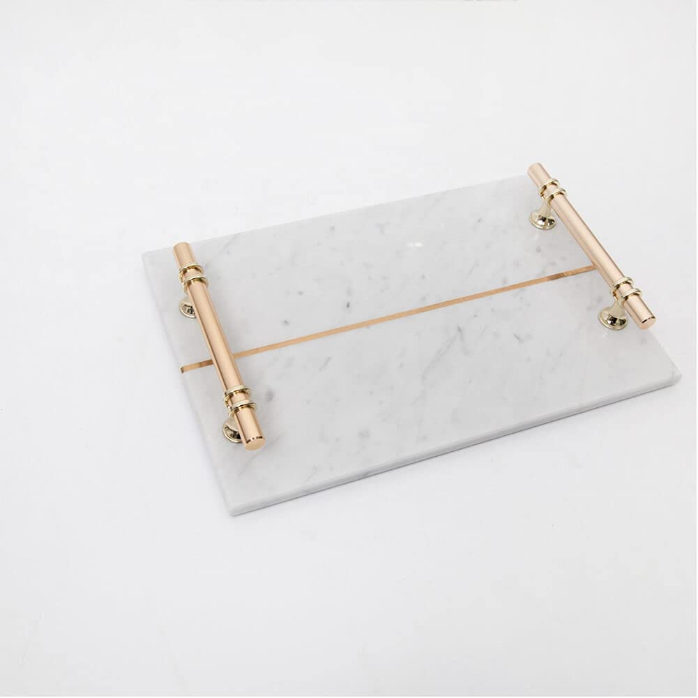 White Marble Tray with Gold Metal Handles 12 x 8 Inch