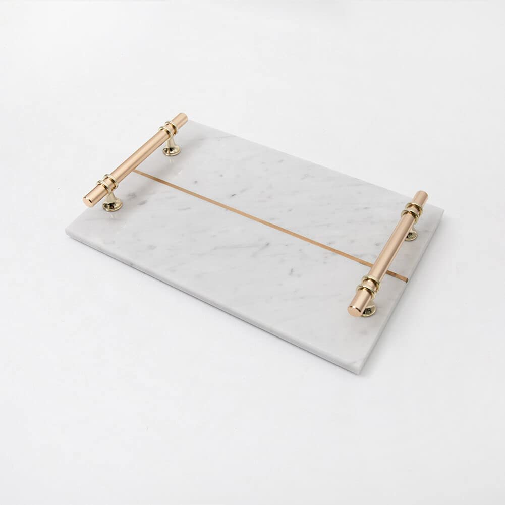White Marble Tray with Gold Metal Handles 12 x 8 Inch