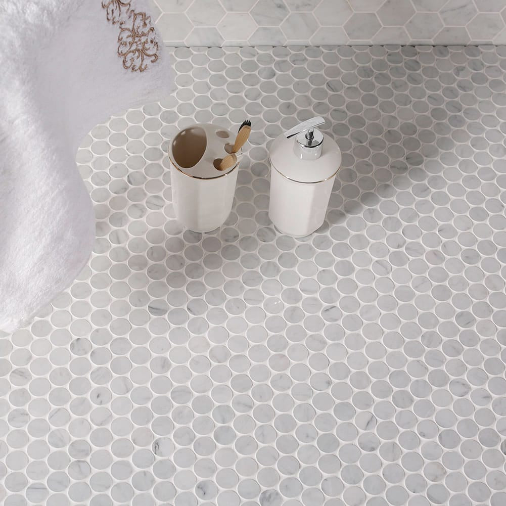 Bianco White Carrara Marble 1 Inch Penny Round Mosaic Tile Polished (5-Pack)